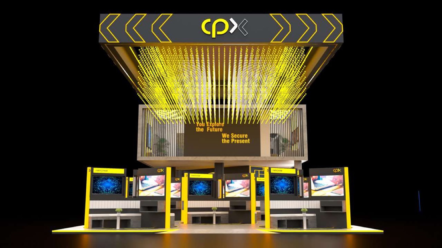 CPX exhibition stand at GISEC Dubai — LED chevron canopy